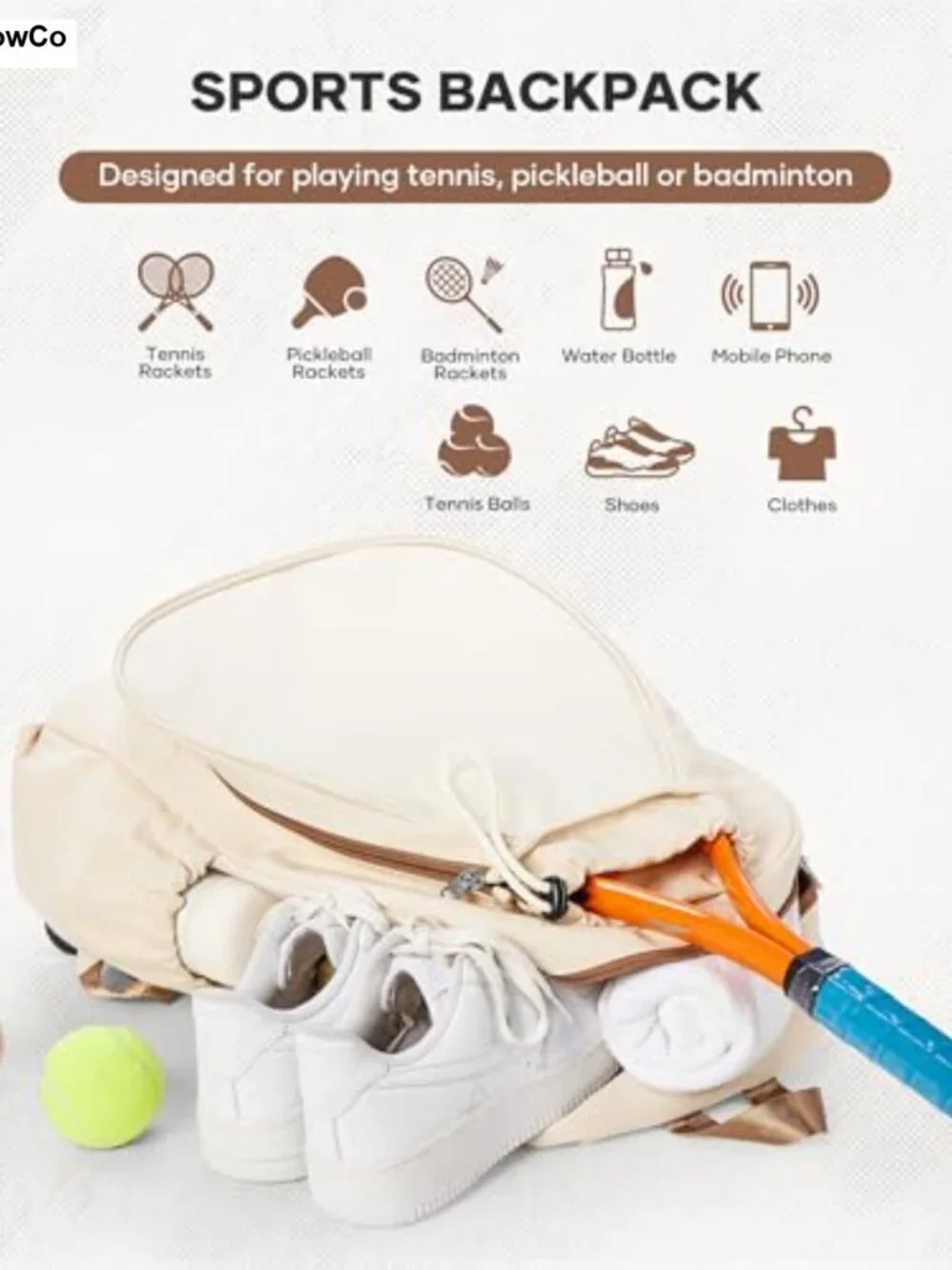 Tennis Backpack Fits 2 Rackets with Shoe Compartment & Wet Pocket, Lightweight